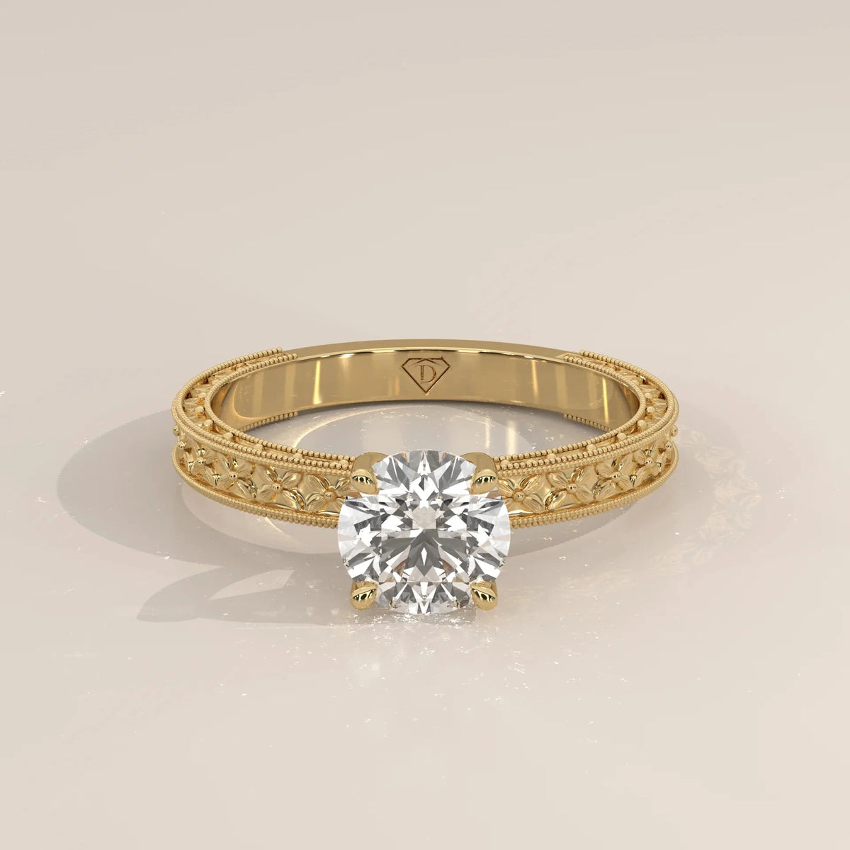 Front View: Round Diamond Ring with Solitaire Setting in Yellow Gold – Lab Grown – Driona Jewels