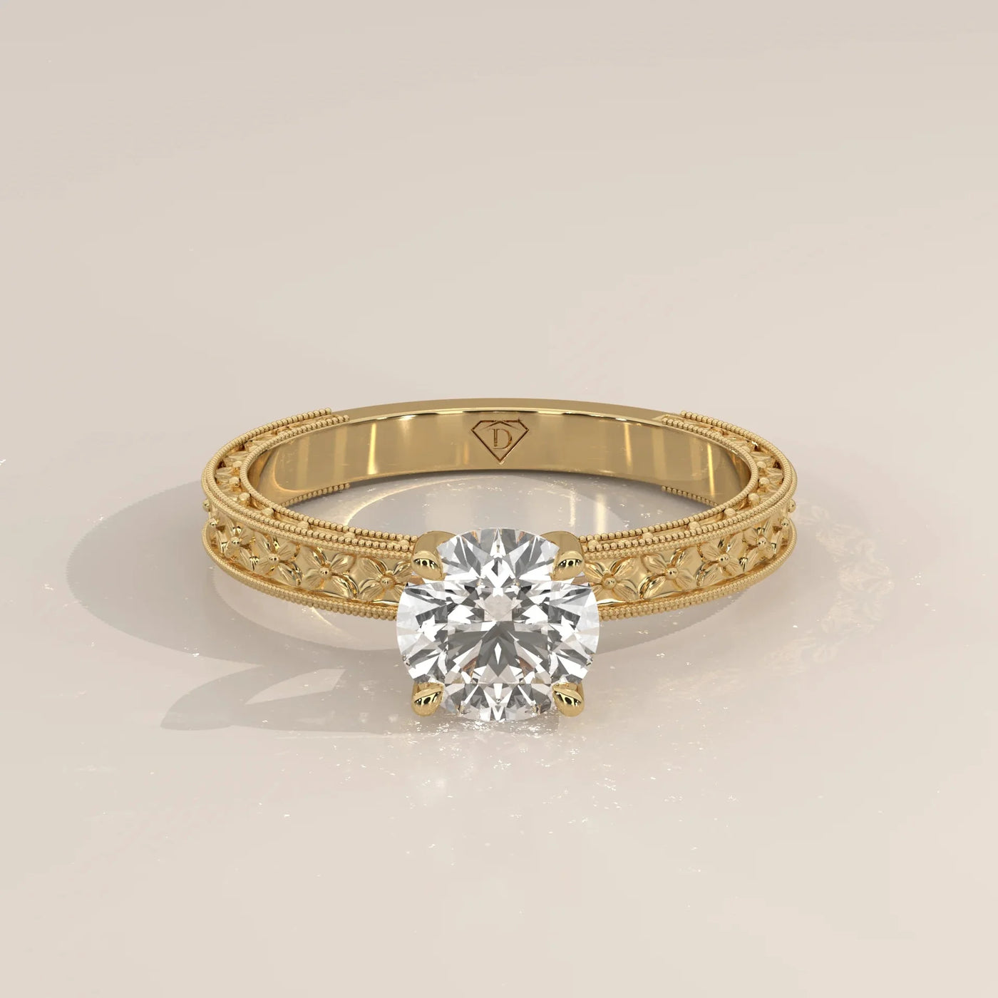 Front View: Round Diamond Ring with Solitaire Setting in Yellow Gold – Lab Grown – Driona Jewels