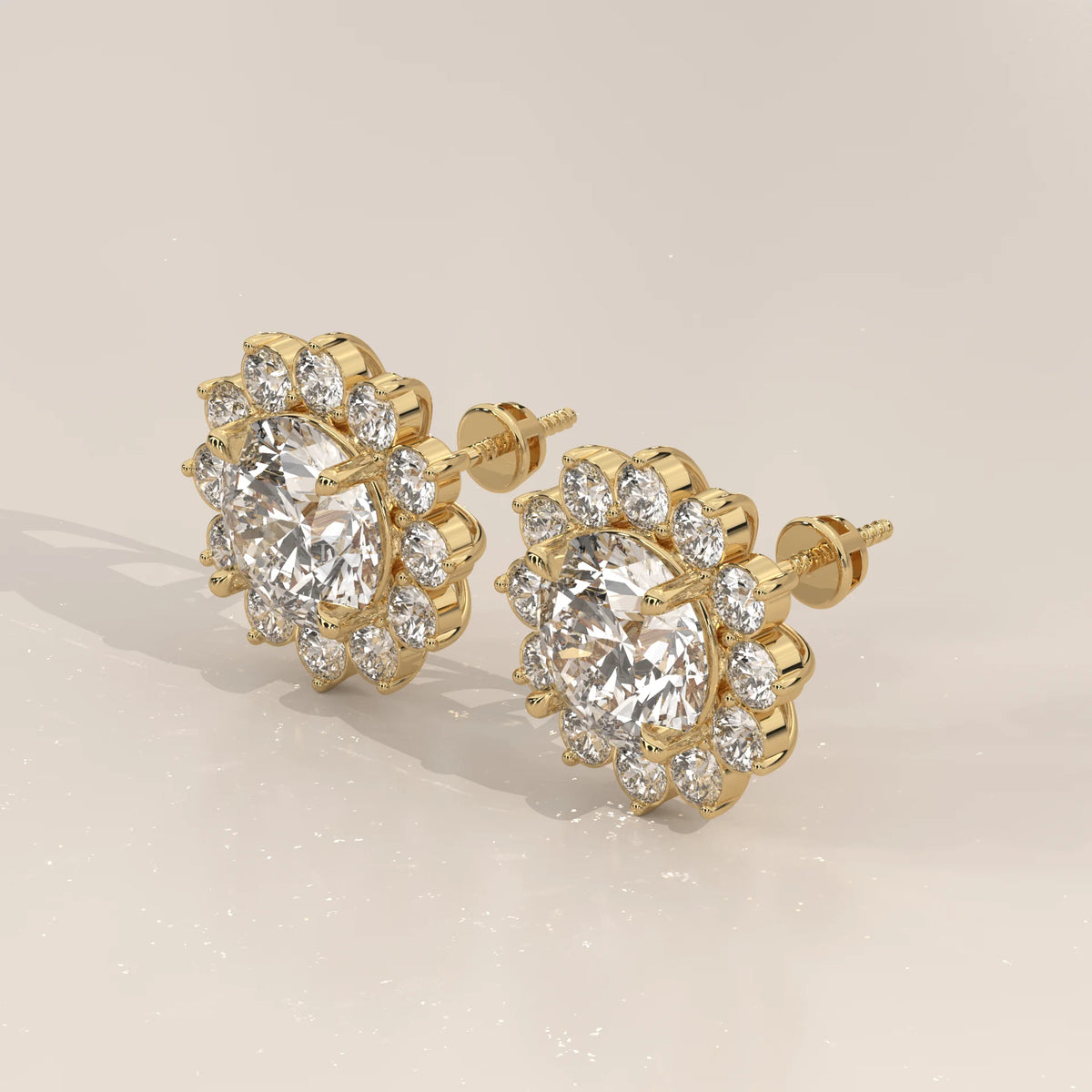 Round Flower Cluster Lab Grown Diamond Stud Earrings in yellow gold, photographed head-on.