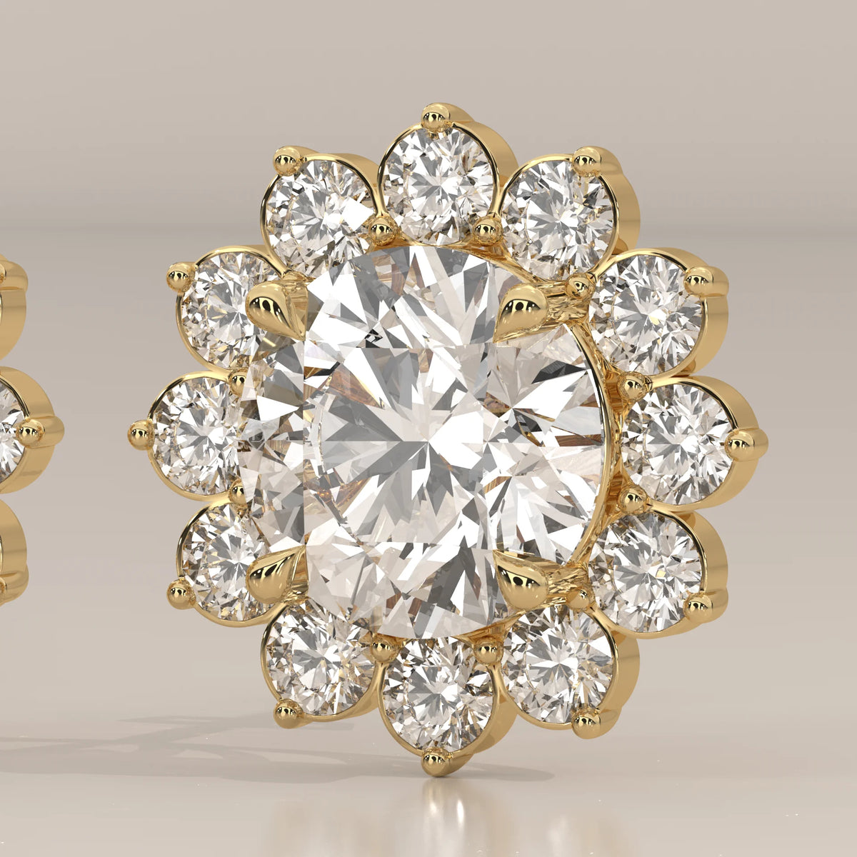 Round Flower Cluster Lab Grown Diamond Stud Earrings in yellow gold, front view on a plain background.