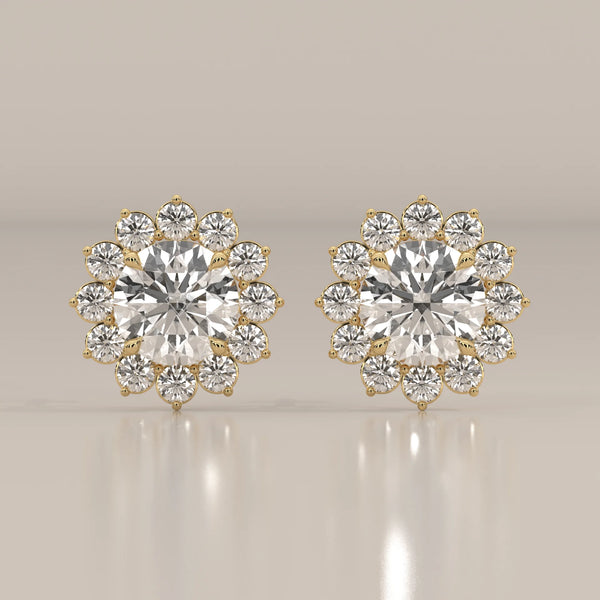 Round Flower Cluster Lab Grown Diamond Stud Earrings in yellow gold, shown from the front.