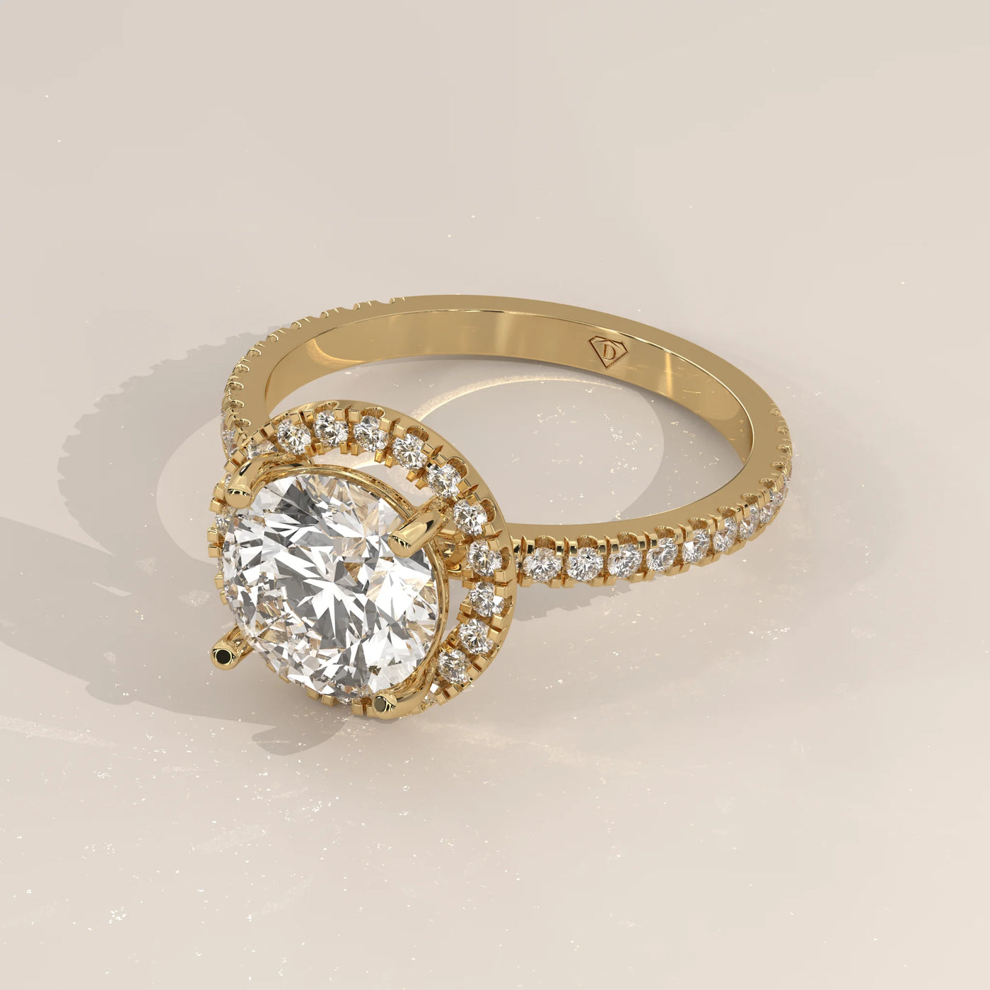 Angle View: Round Diamond Engagement Ring with Halo Setting in Yellow Gold – Lab Grown – Driona Jewels