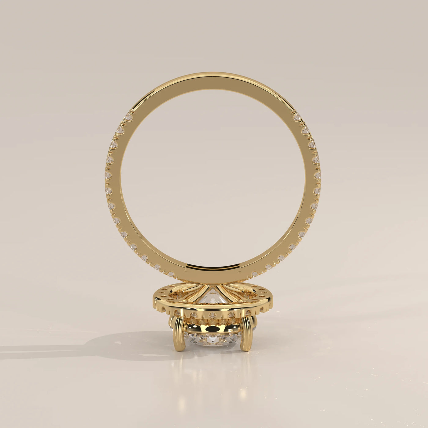 Front View: Round Diamond Engagement Ring with Halo Setting in Yellow Gold – Lab Grown – Driona Jewels