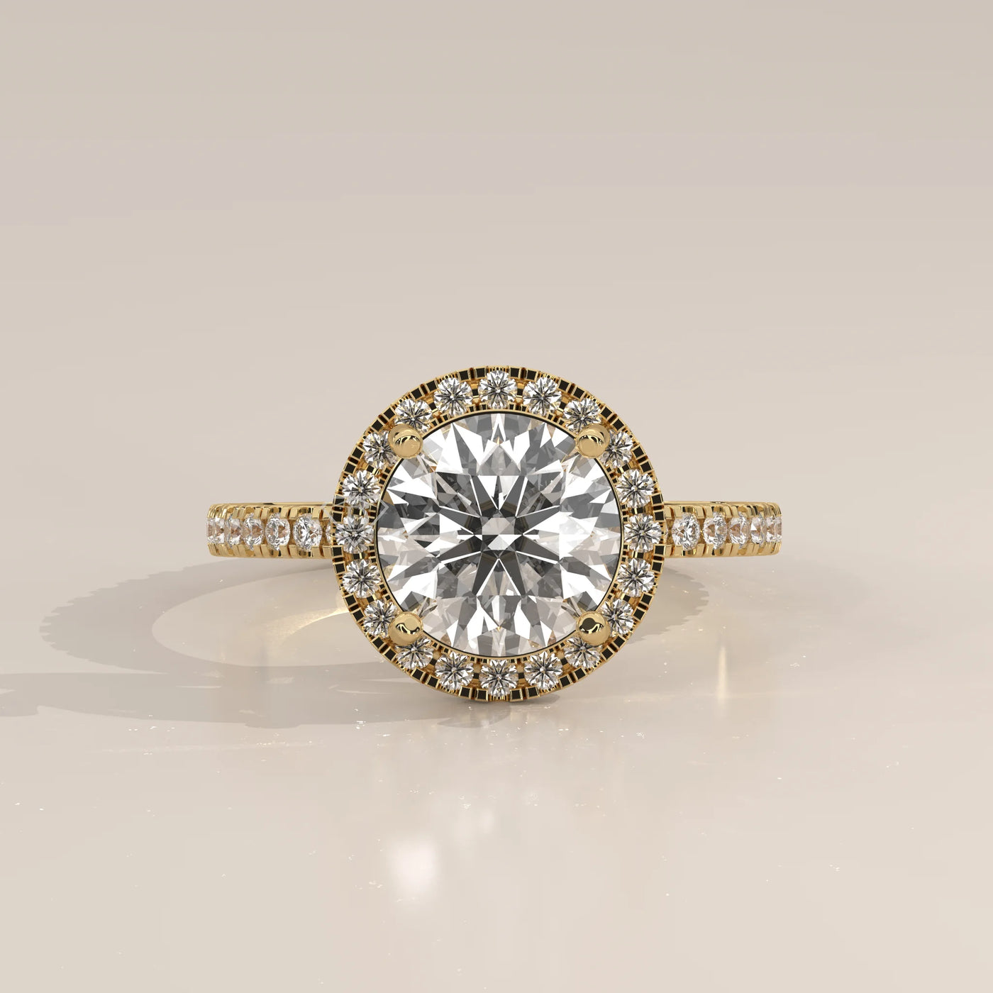 Side Profile: Round Diamond Engagement Ring with Halo Setting in Yellow Gold – Lab Grown – Driona Jewels