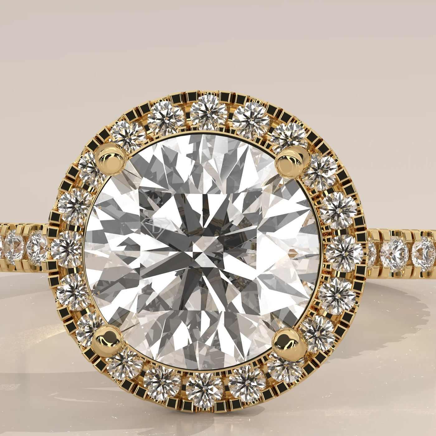 Stone Detail: Round Lab Grown Diamonds in Halo Setting – Yellow Gold – Driona Jewels