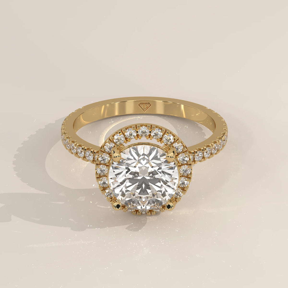 Three-Quarter View: Round Diamond Engagement Ring with Halo Setting in Yellow Gold – Lab Grown – Driona Jewels