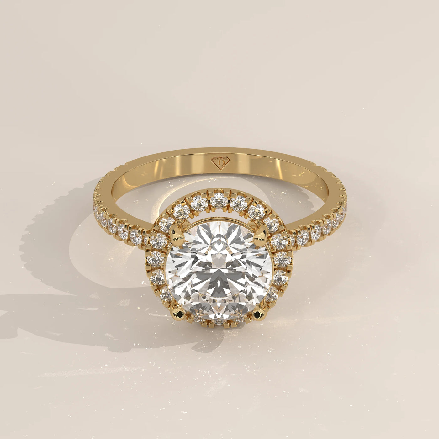 Three-Quarter View: Round Diamond Engagement Ring with Halo Setting in Yellow Gold – Lab Grown – Driona Jewels