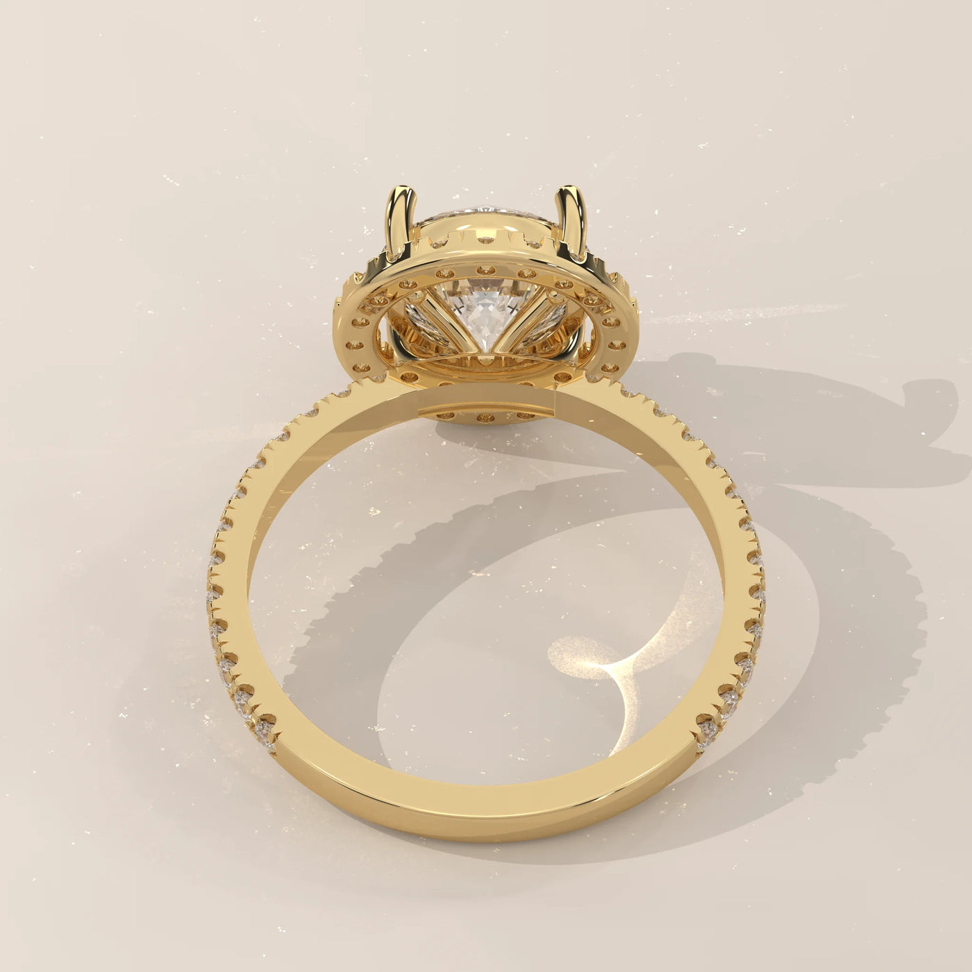 Top View: Round Diamond Engagement Ring with Halo Setting in Yellow Gold – Lab Grown – Driona Jewels