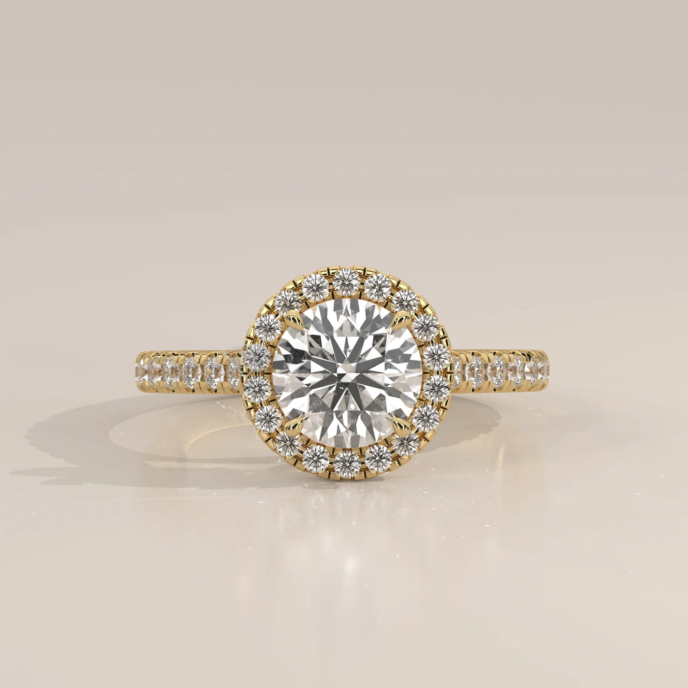 Side Profile: Round Diamond Engagement Ring with Halo Setting in Yellow Gold – Lab Grown – Driona Jewels