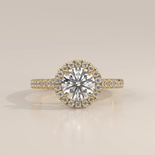 Side Profile: Round Diamond Engagement Ring with Halo Setting in Yellow Gold – Lab Grown – Driona Jewels