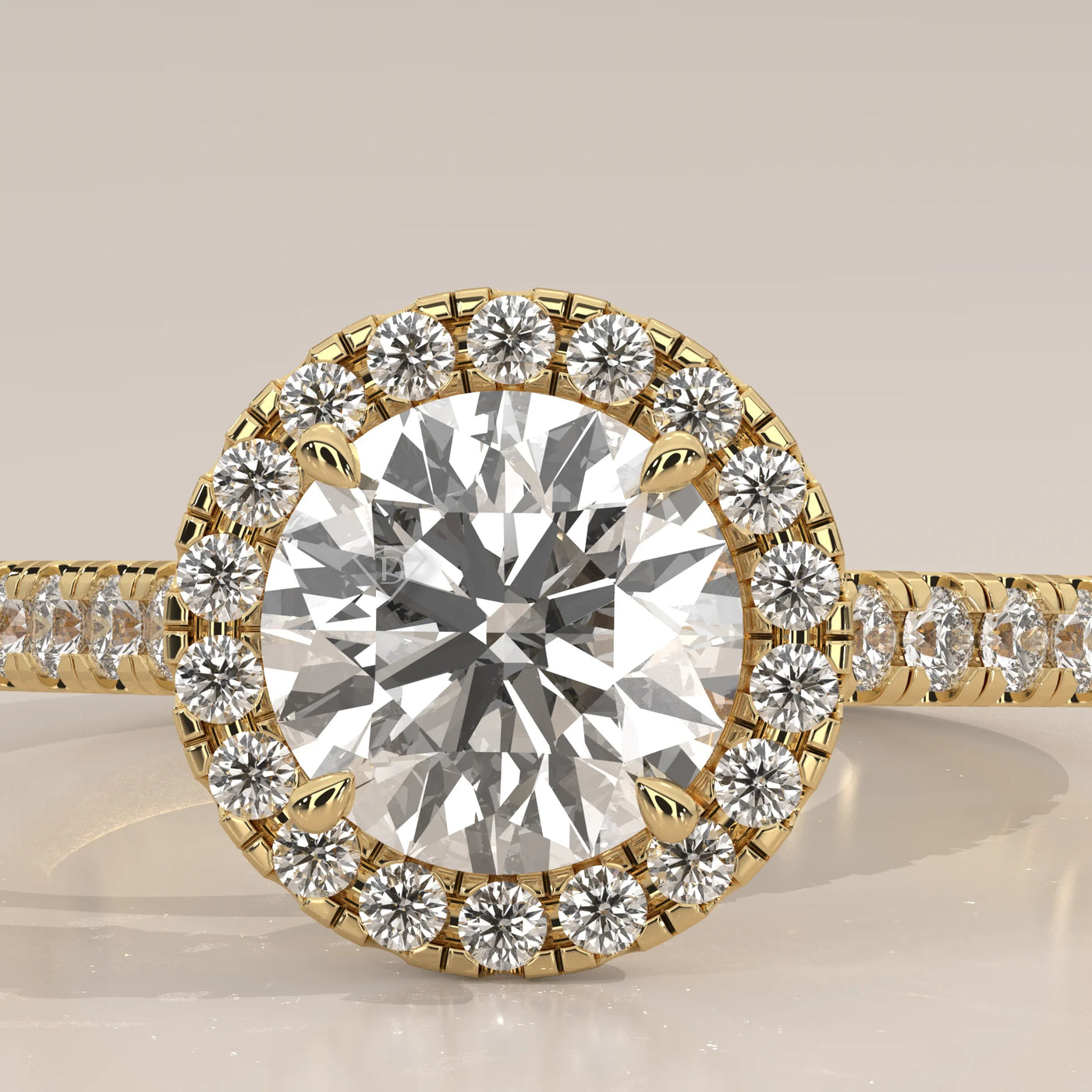 Stone Detail: Round Lab Grown Diamonds in Halo Setting – Yellow Gold – Driona Jewels