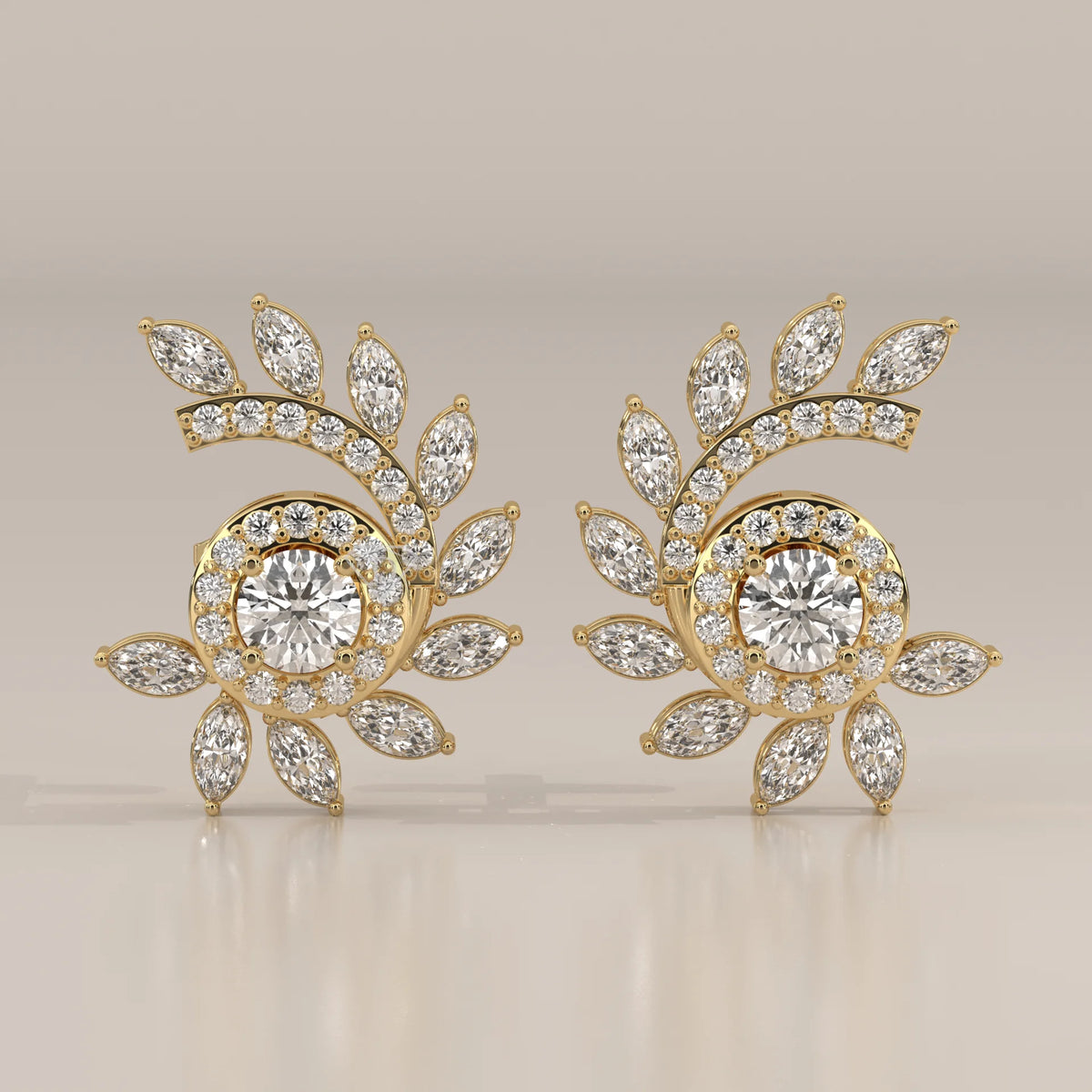 Front View: Round Diamond Stud Earrings with Halo Setting in Yellow Gold – Lab Grown – Driona Jewels