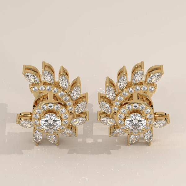 Pair Front View: Round Diamond Stud Earrings with Halo Setting in Yellow Gold – Lab Grown – Driona Jewels