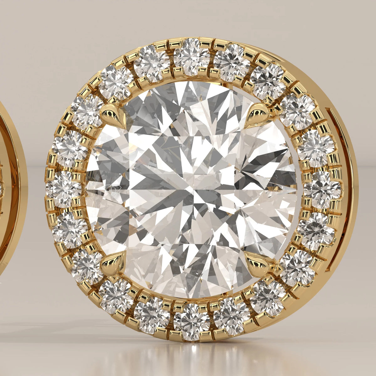 Round Halo Lab Grown Diamond Stud Earrings with Open Gallery in yellow gold, photographed head-on.