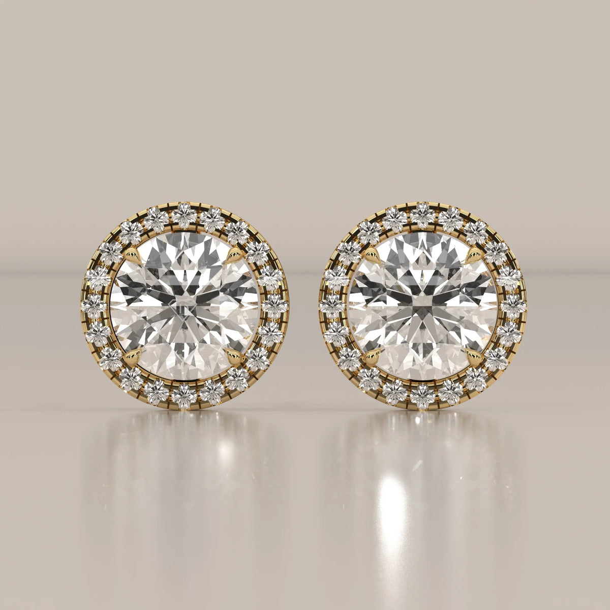 Round Halo Lab Grown Diamond Stud Earrings with Open Gallery in yellow gold, shown from the front.