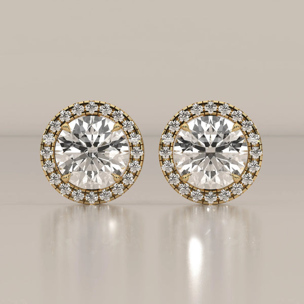 Round Halo Lab Grown Diamond Stud Earrings with Open Gallery in yellow gold, shown from the front.