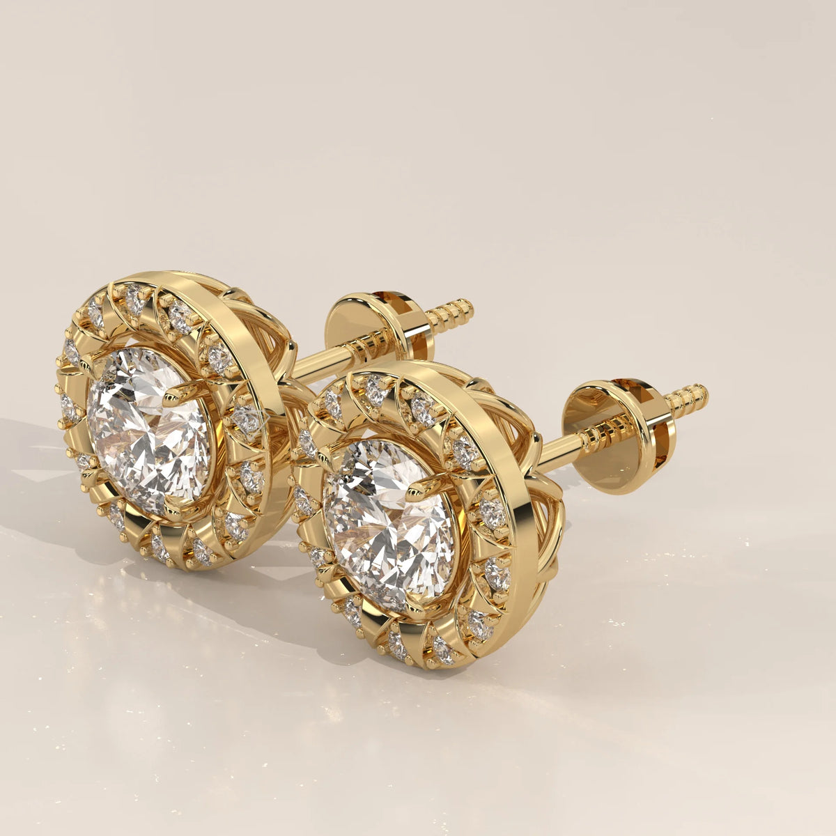 Round Halo Lab Grown Diamond Studs with Domed Openwork Basket in yellow gold, shown on a plain background.