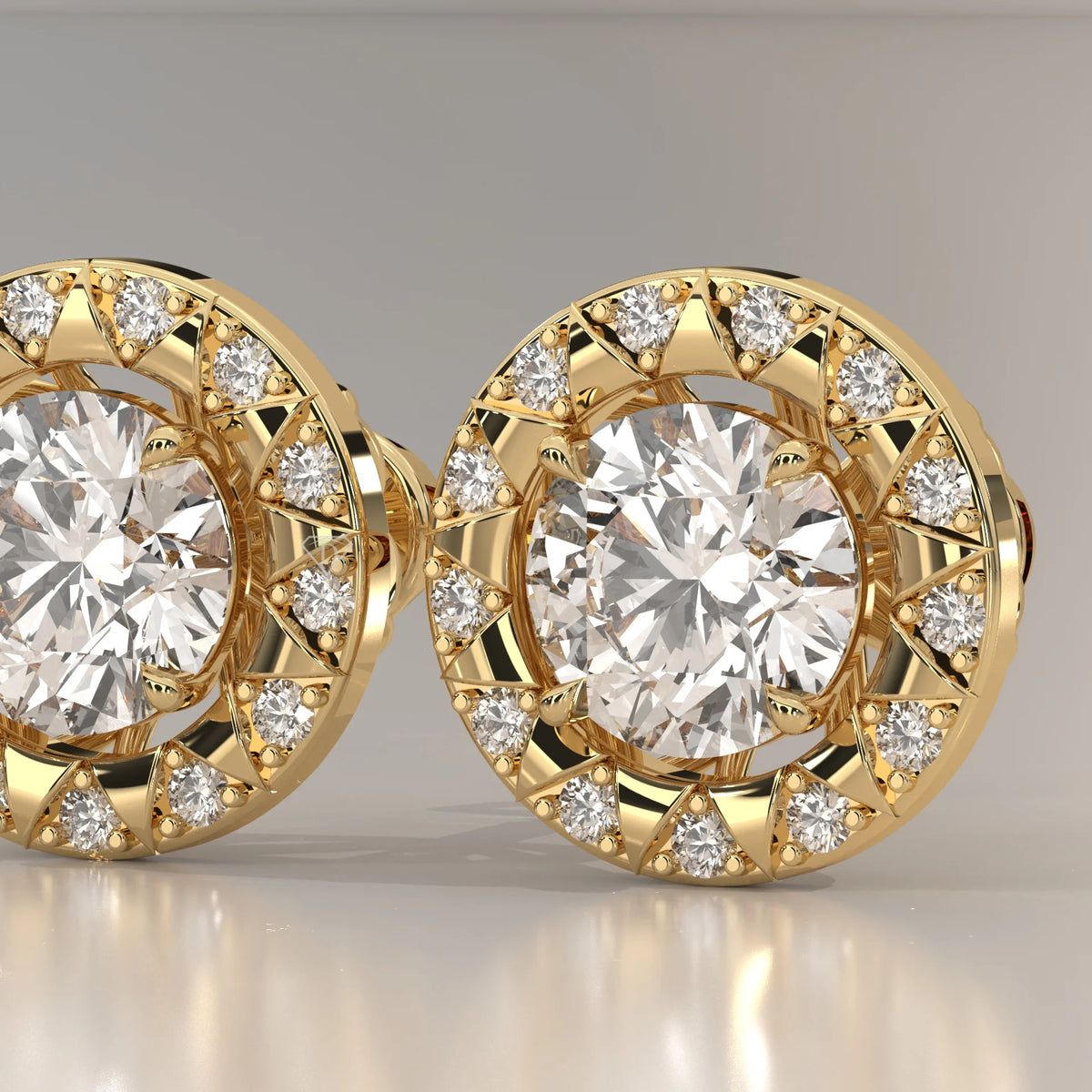 Round Halo Lab Grown Diamond Studs with Domed Openwork Basket in yellow gold, photographed head-on.