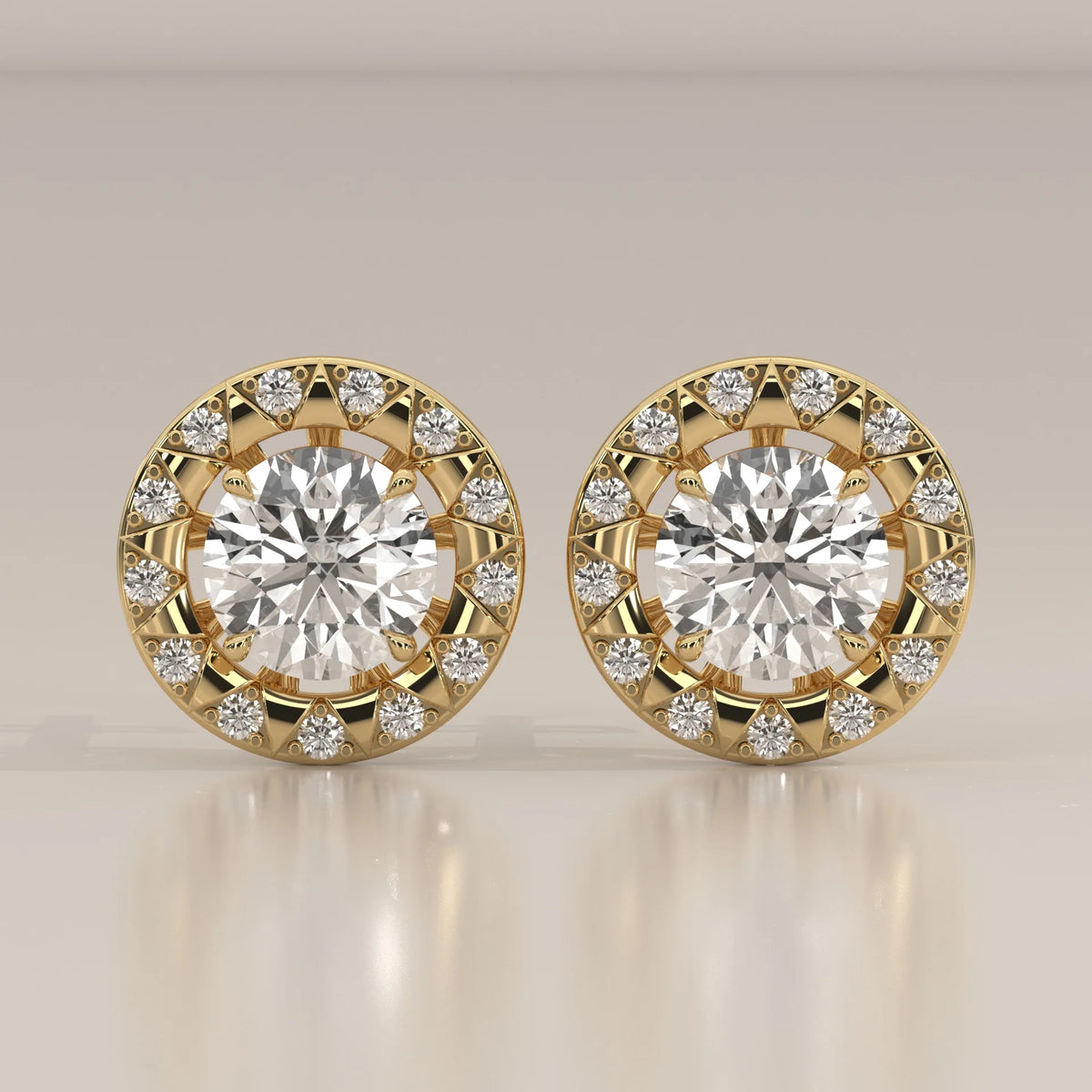 Round Halo Lab Grown Diamond Studs with Domed Openwork Basket in yellow gold, shown from the front.