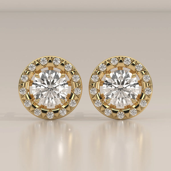 Round Halo Lab Grown Diamond Studs with Domed Openwork Basket in yellow gold, shown from the front.