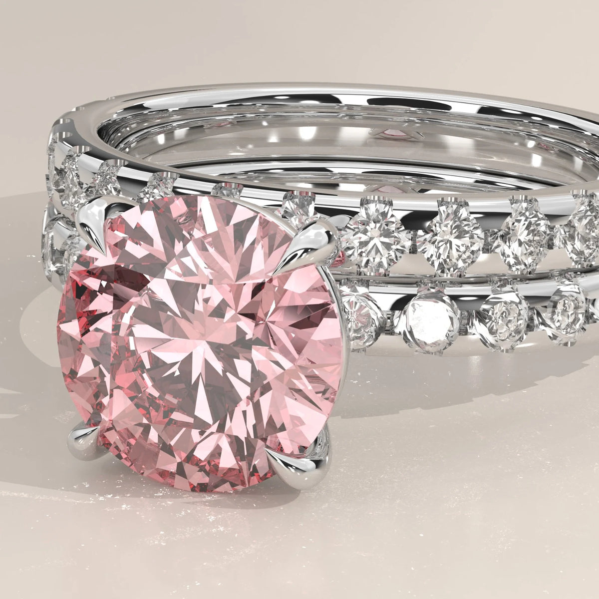 Stacked set detail: Round Diamond Matching Wedding Band with Claw Setting in Platinum – Lab Grown – Driona Jewels