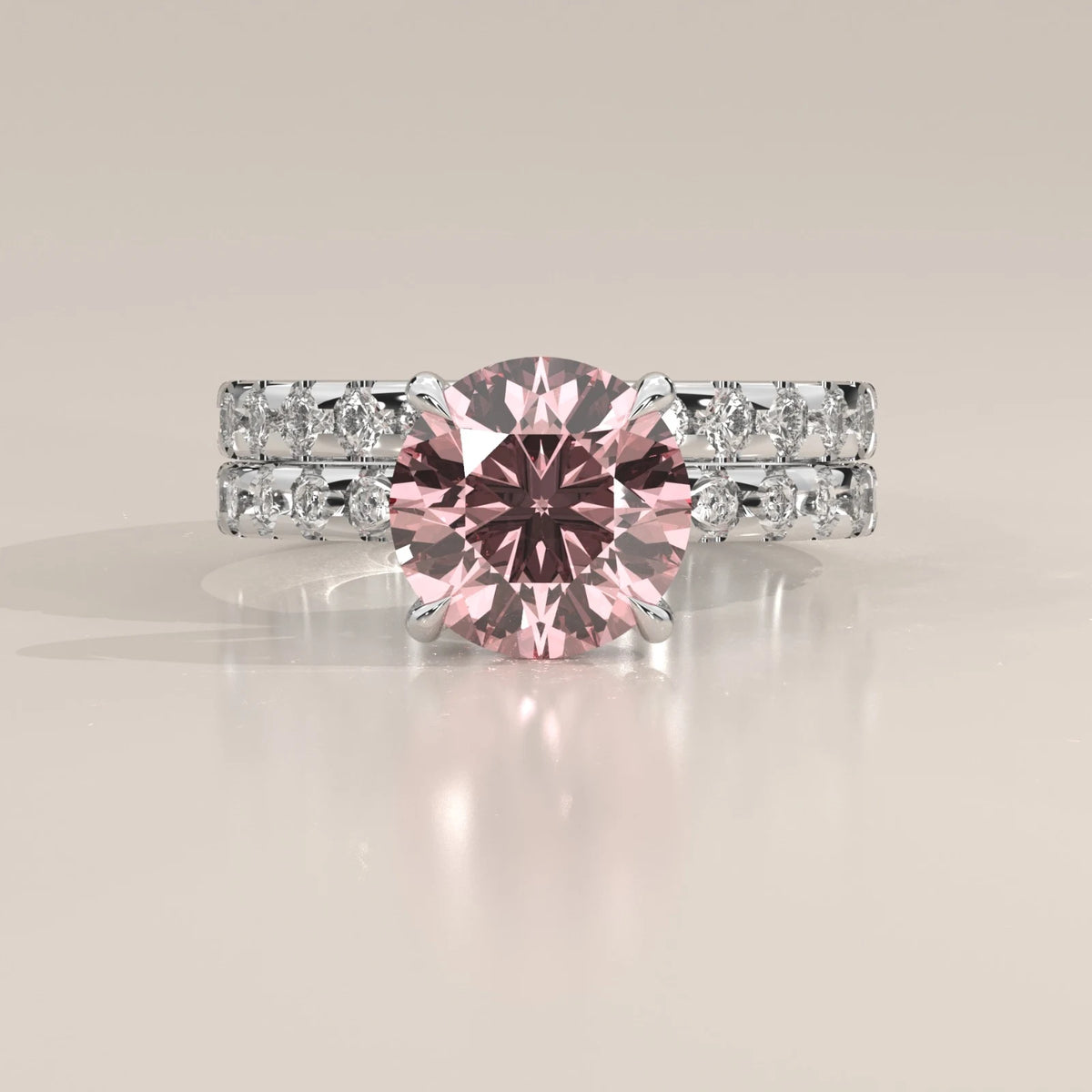Stacked set, top view: Round Diamond Matching Wedding Band with Claw Setting in Platinum – Lab Grown – Driona Jewels