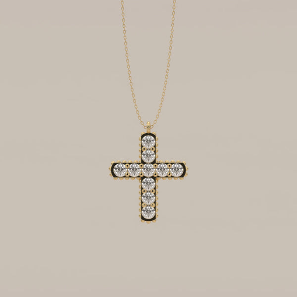 Round Lab Grown Diamond Cross Pendant with Beaded Edge in yellow gold, shown from the front.