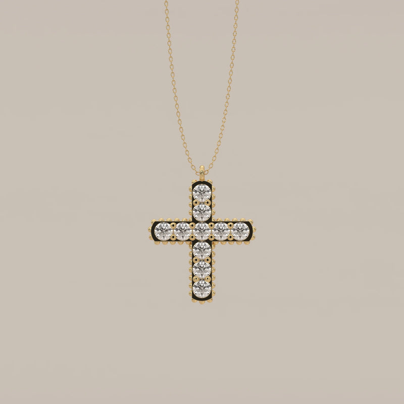 Round Lab Grown Diamond Cross Pendant with Beaded Edge in yellow gold, shown from the front.