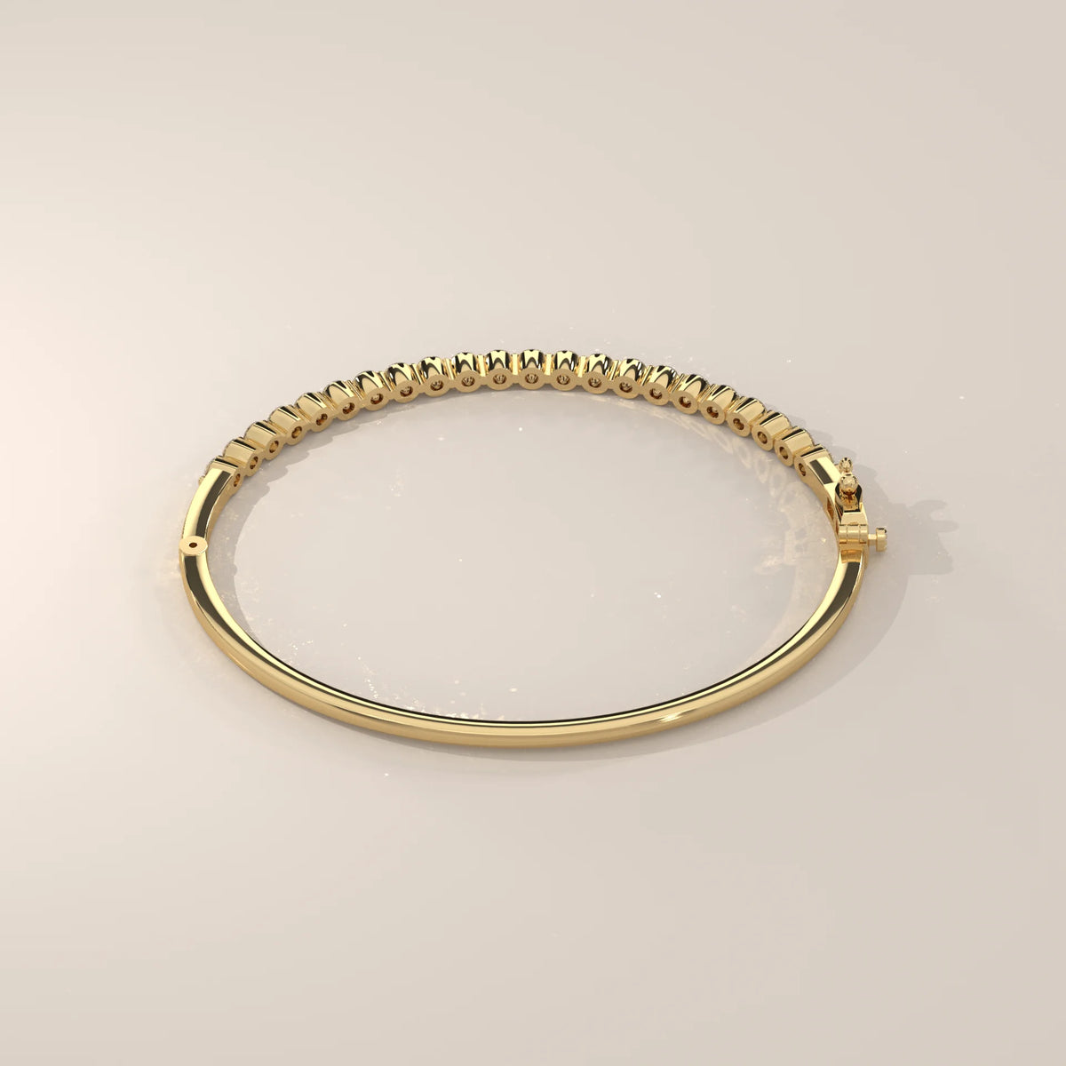 Round Lab Grown Diamond Hinged Bangle with Half Row of Stones in yellow gold, shown on a plain background.