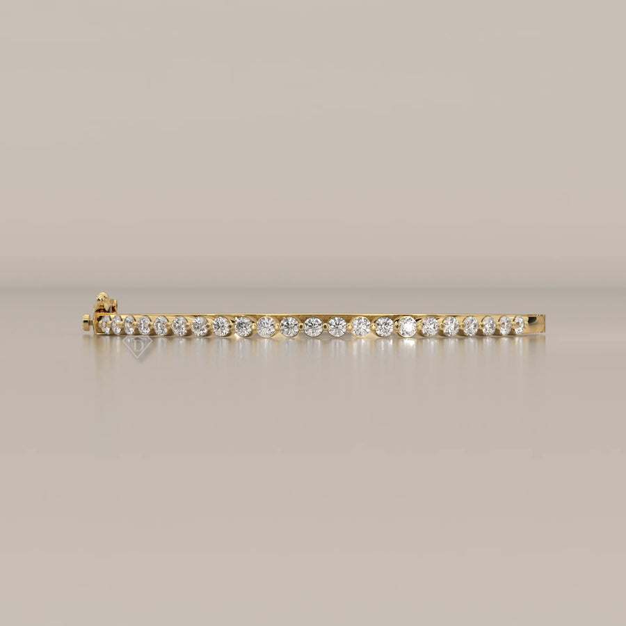Round Lab Grown Diamond Hinged Bangle with Half Row of Stones in yellow gold, photographed head-on.