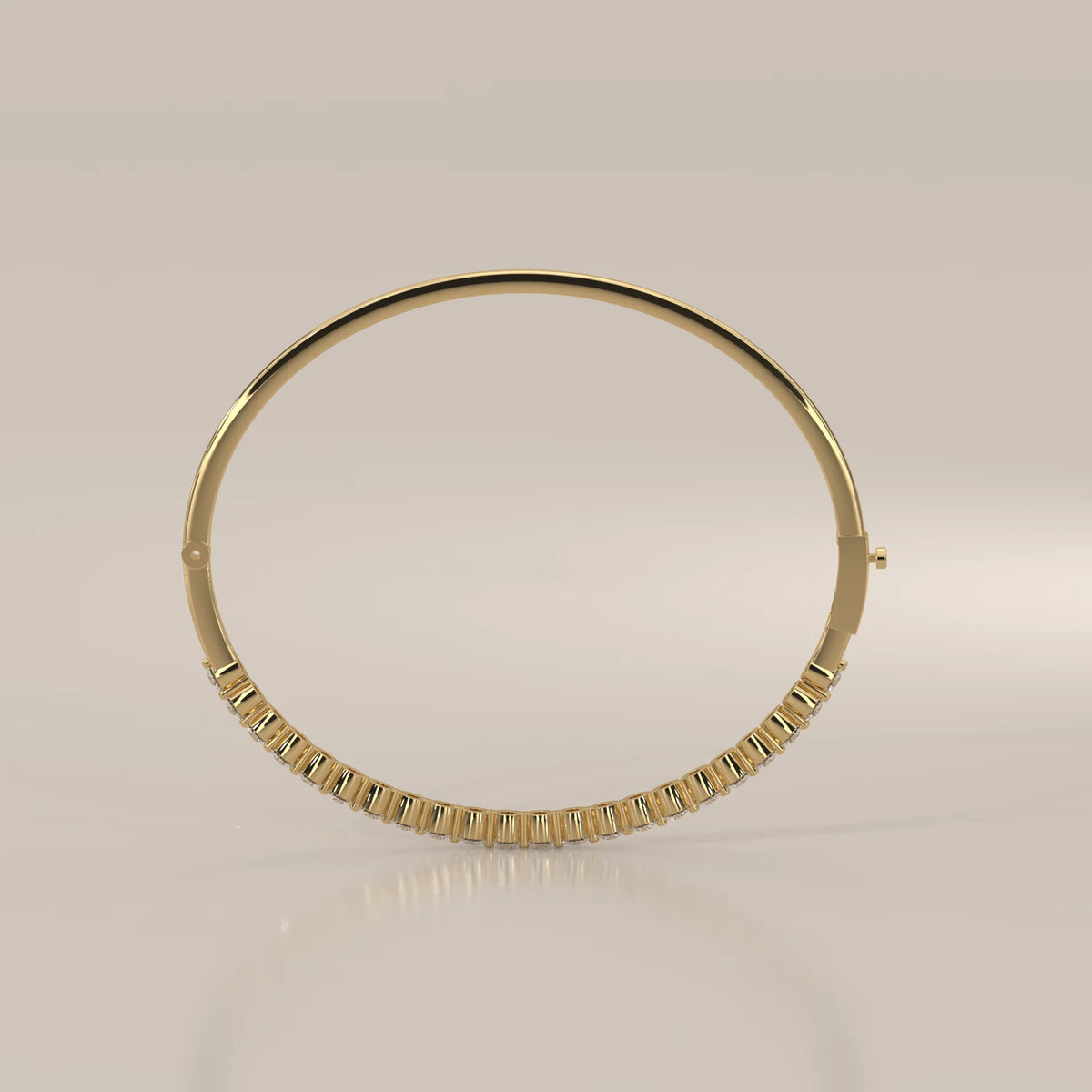 Round Lab Grown Diamond Hinged Bangle with Half Row of Stones in yellow gold, front view on a plain background.