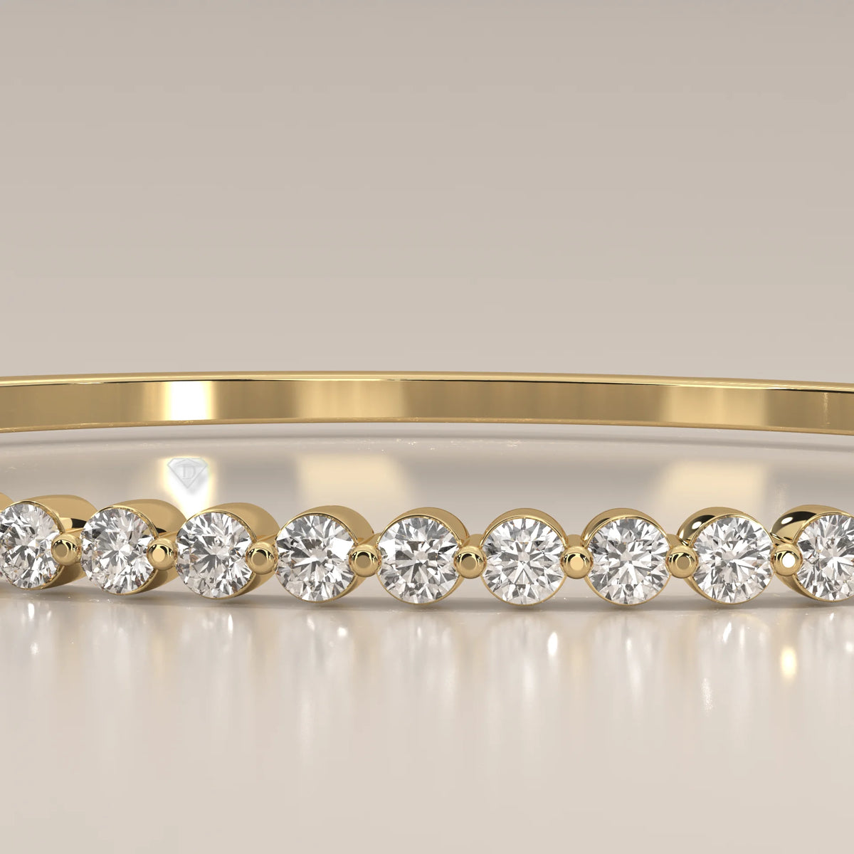 Round Lab Grown Diamond Hinged Bangle with Half Row of Stones in yellow gold, product photograph on a plain background.
