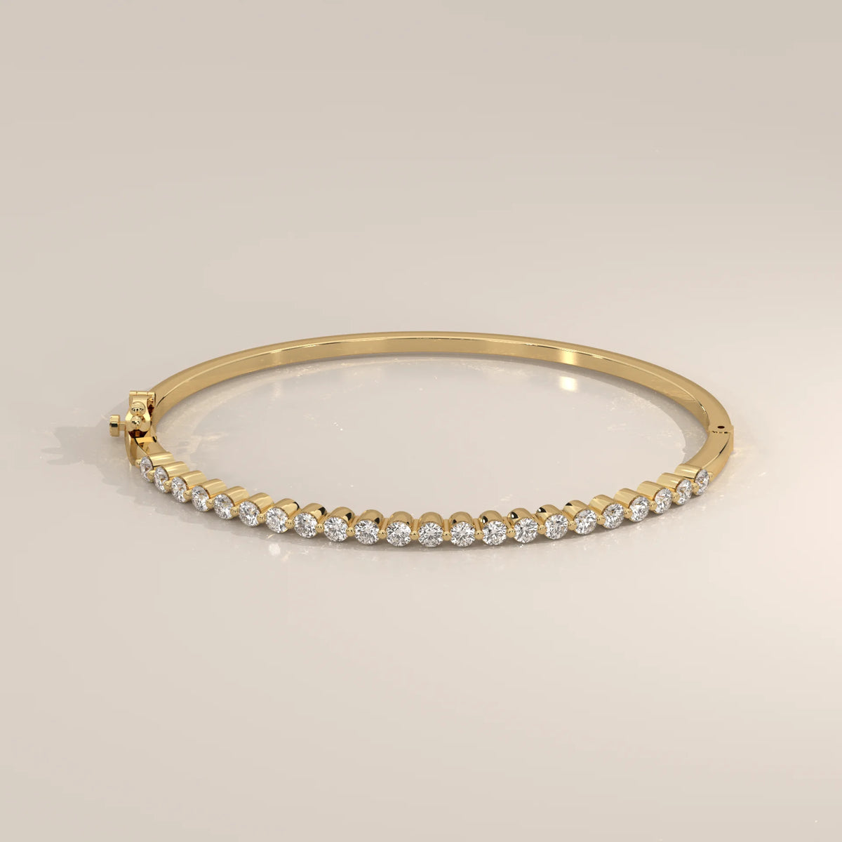 Round Lab Grown Diamond Hinged Bangle with Half Row of Stones in yellow gold, shown from the front.