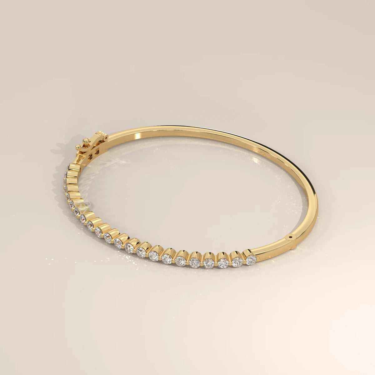 Round Lab Grown Diamond Hinged Bangle with Half Row of Stones in yellow gold, shown from the side.