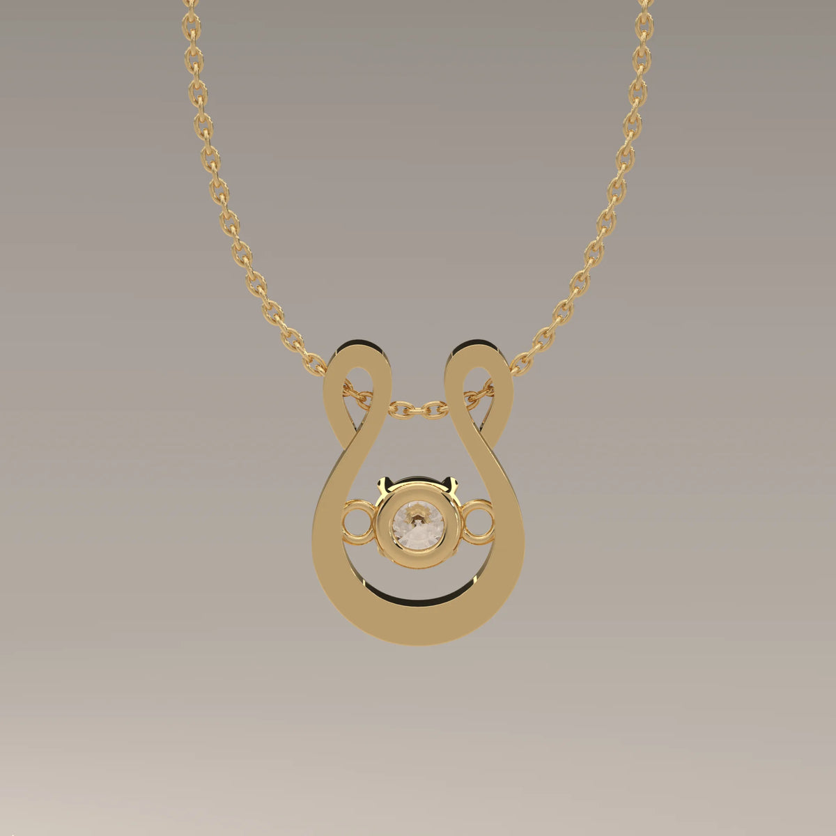 Round Lab Grown Diamond Horseshoe Slide Pendant with Loop Bail in yellow gold, front view on a plain background.