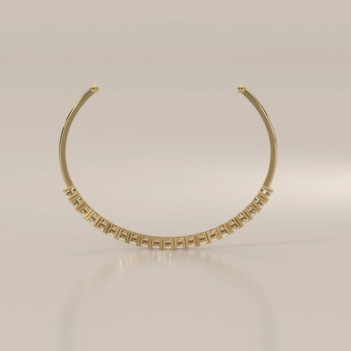 Round Lab Grown Diamond Open Cuff Bracelet with Ball Ends in yellow gold, front view on a plain background.