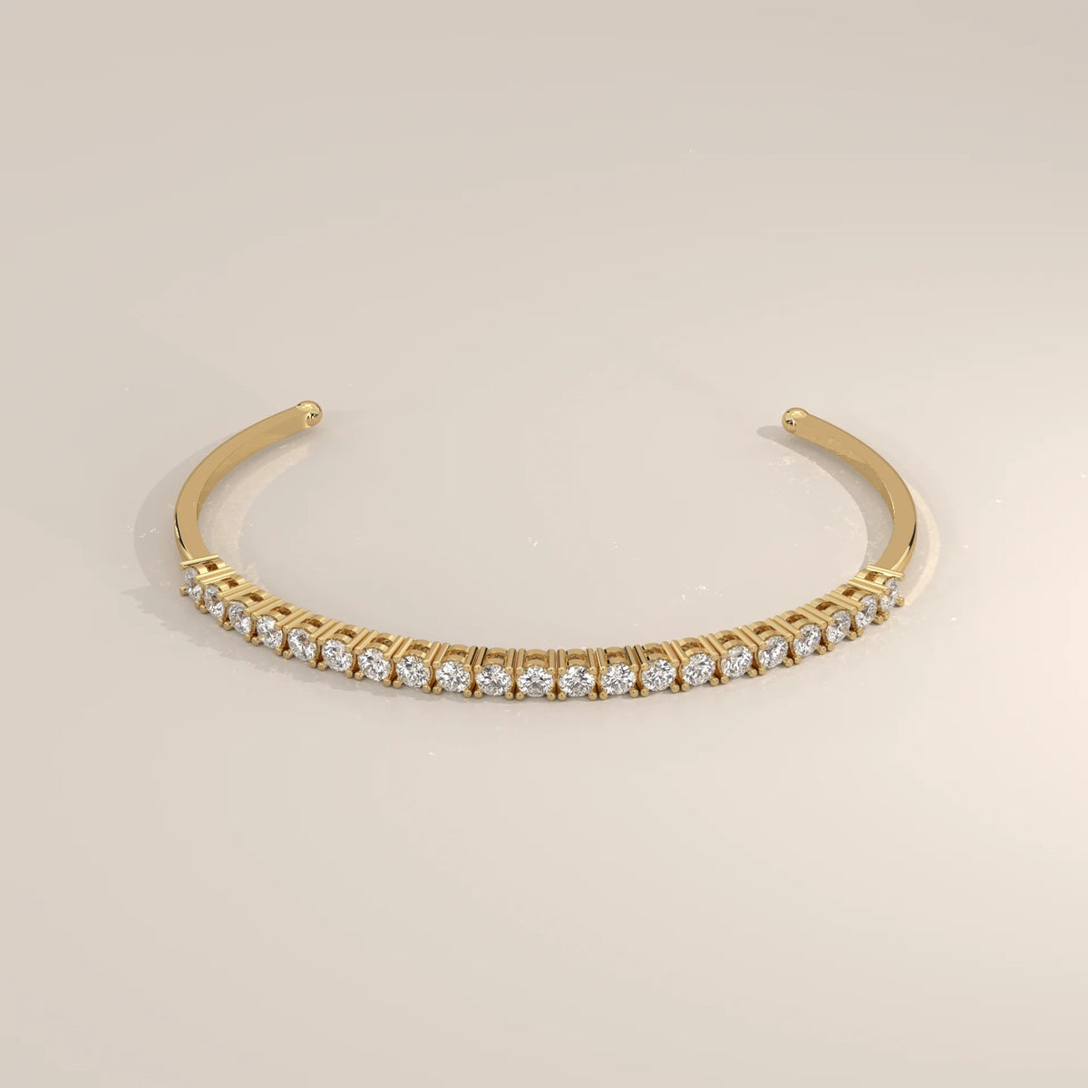 Round Lab Grown Diamond Open Cuff Bracelet with Ball Ends in yellow gold, shown from the front.