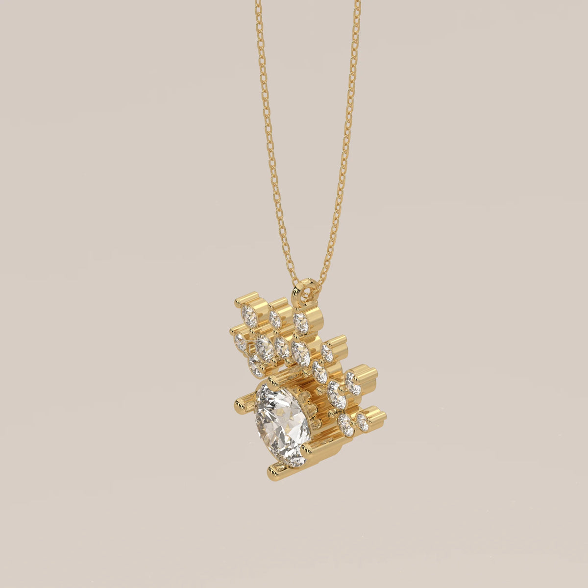 Round Lab Grown Diamond Pendant with a Fan Crown of Round Accents in yellow gold, photographed head-on.