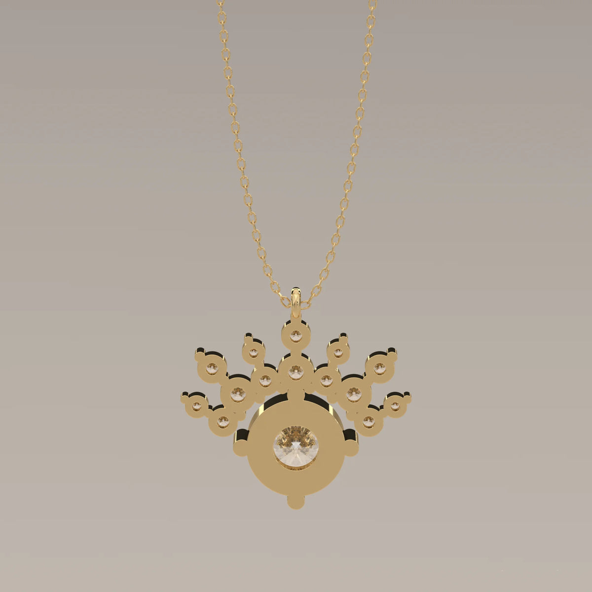 Round Lab Grown Diamond Pendant with a Fan Crown of Round Accents in yellow gold, front view on a plain background.