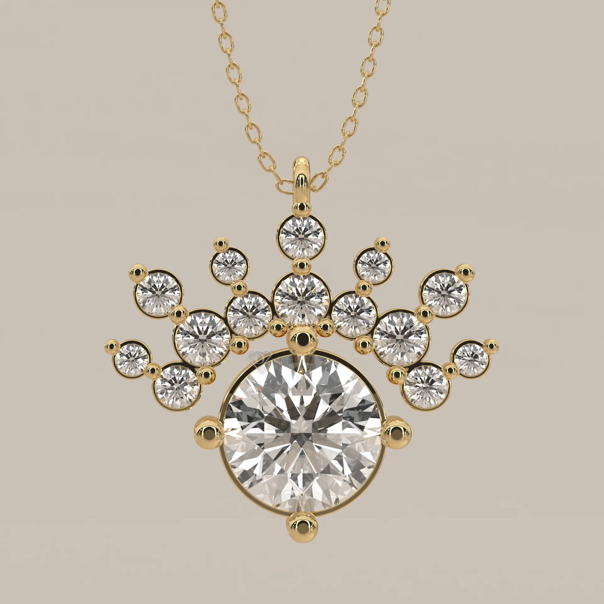 Round Lab Grown Diamond Pendant with a Fan Crown of Round Accents in yellow gold, shown on a plain background.