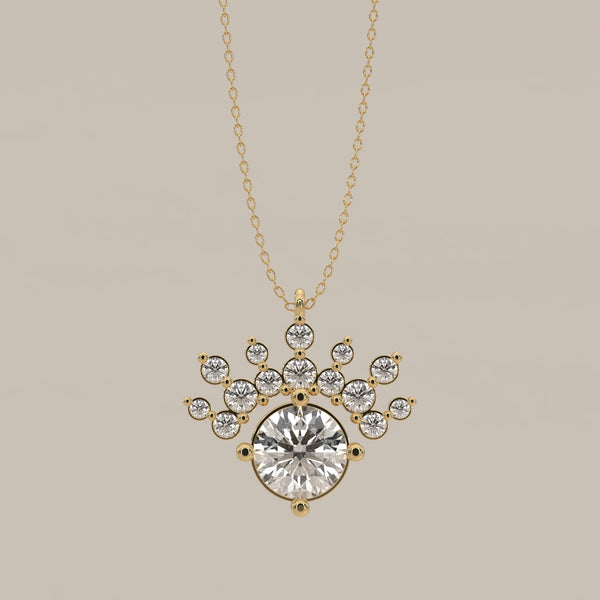 Round Lab Grown Diamond Pendant with a Fan Crown of Round Accents in yellow gold, shown from the front.