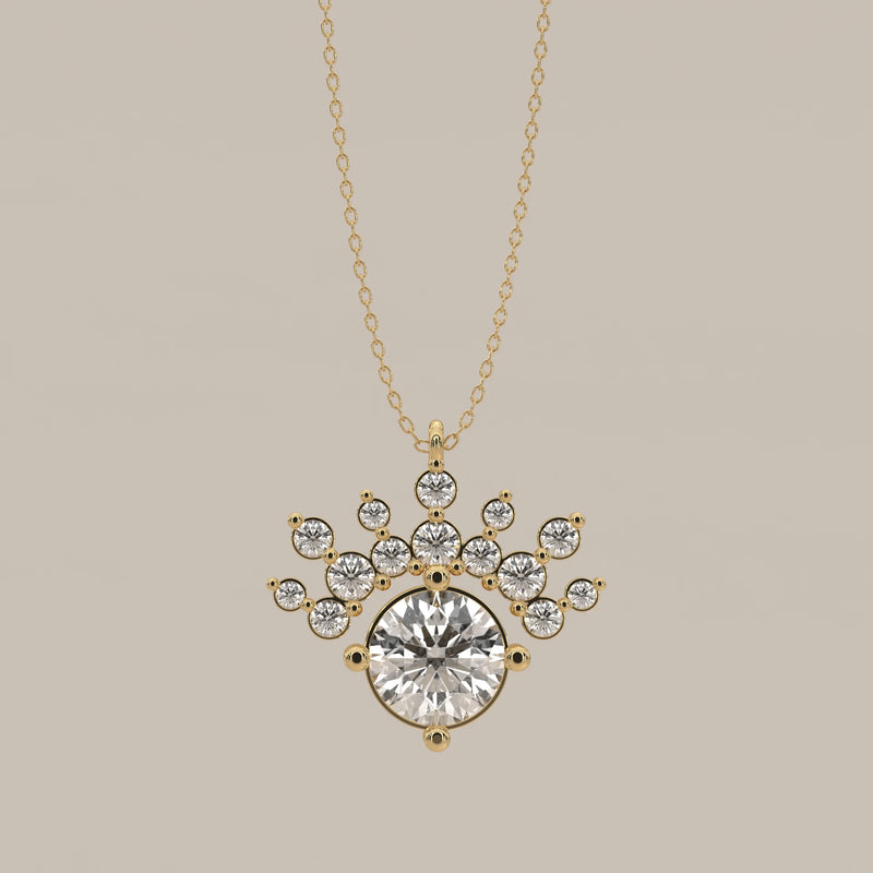 Round Lab Grown Diamond Pendant with a Fan Crown of Round Accents in yellow gold, shown from the front.