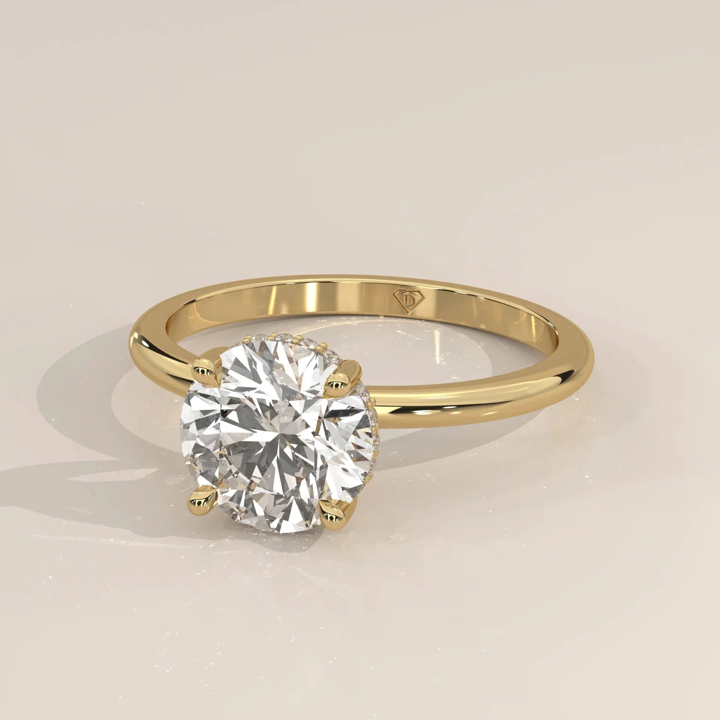 Angle View: Round Diamond Ring with Hidden Halo Setting in Yellow Gold – Lab Grown – Driona Jewels