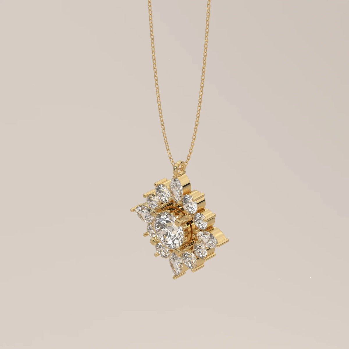Round Lab Grown Diamond Starburst Cluster Pendant with Marquise Points in yellow gold, shown at an angle.