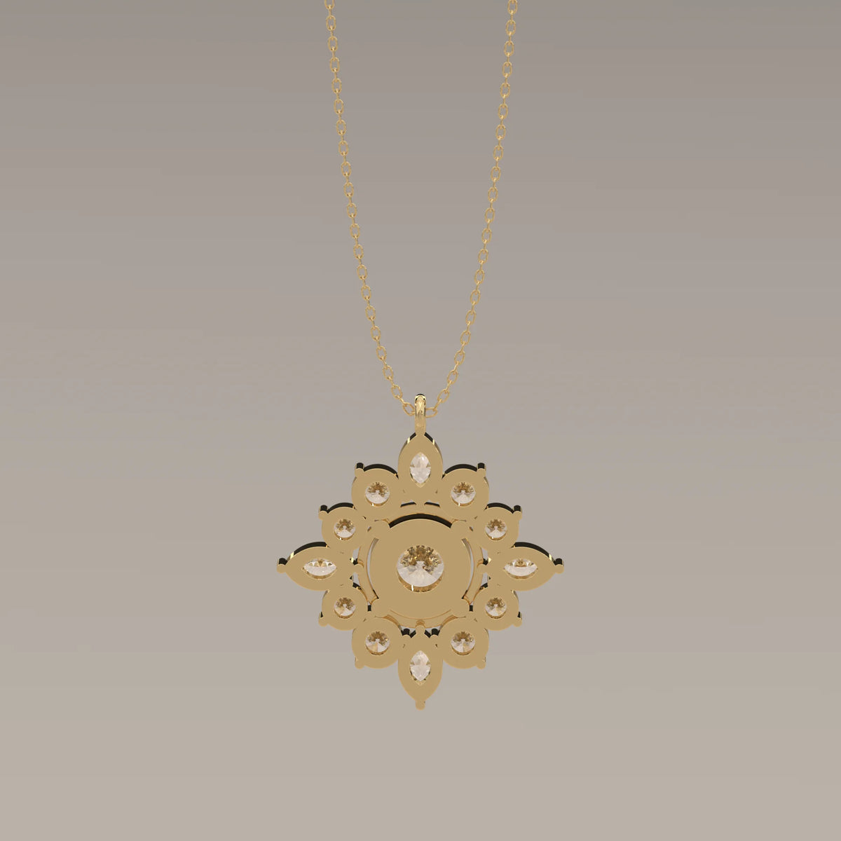 Round Lab Grown Diamond Starburst Cluster Pendant with Marquise Points in yellow gold, photographed head-on.