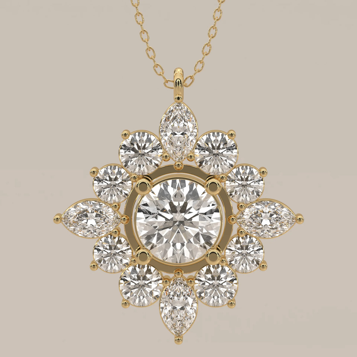Round Lab Grown Diamond Starburst Cluster Pendant with Marquise Points in yellow gold, front view on a plain background.