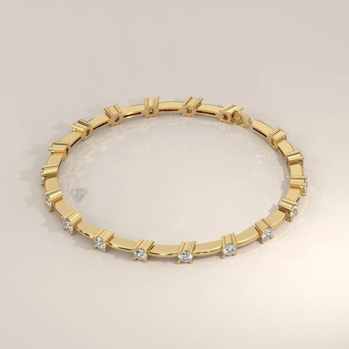 Round Lab Grown Diamond Station Bracelet on Polished Bar Links in yellow gold, shown on a plain background.