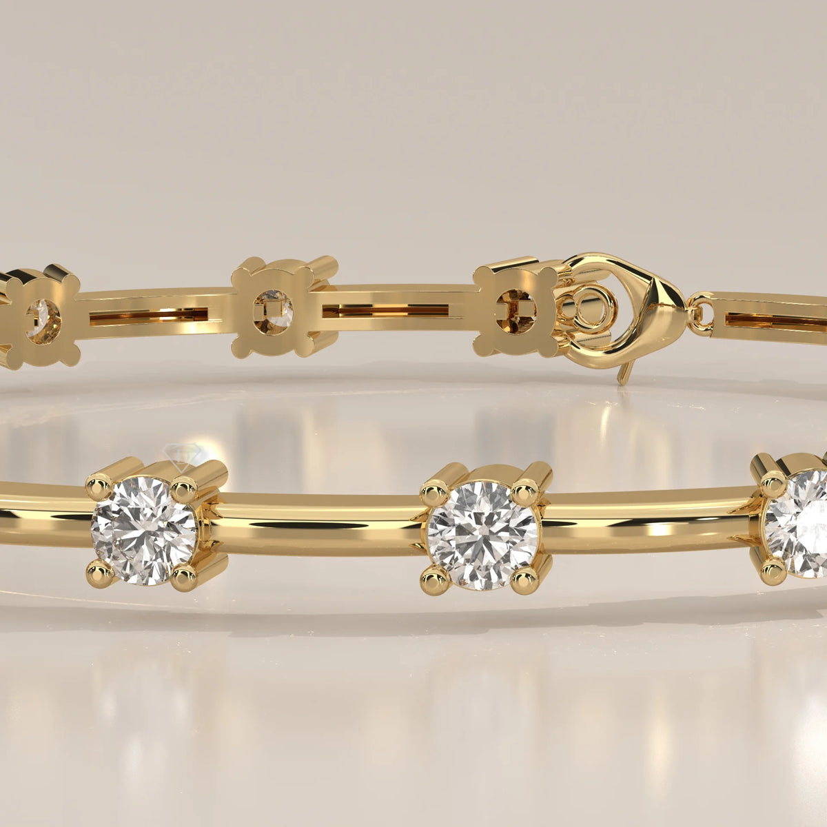 Round Lab Grown Diamond Station Bracelet on Polished Bar Links in yellow gold, studio photograph on a plain background.