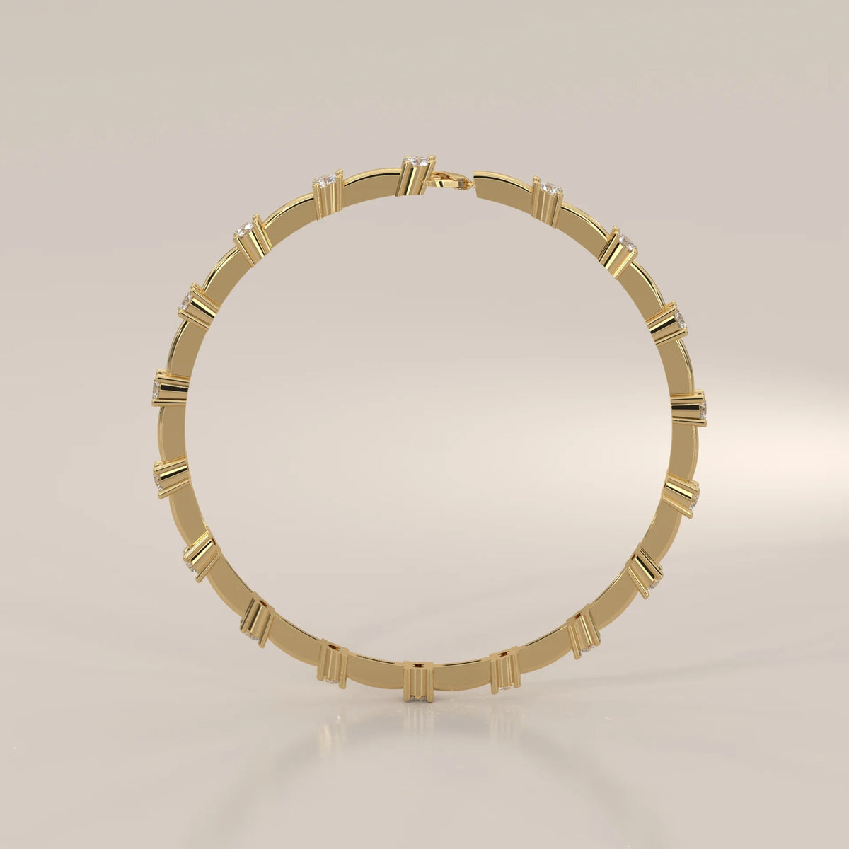Round Lab Grown Diamond Station Bracelet on Polished Bar Links in yellow gold, shown at an angle.