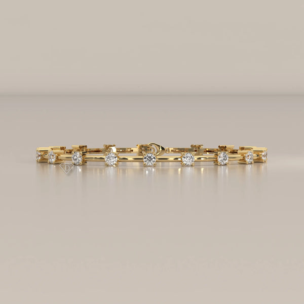 Round Lab Grown Diamond Station Bracelet on Polished Bar Links in yellow gold, photographed head-on.